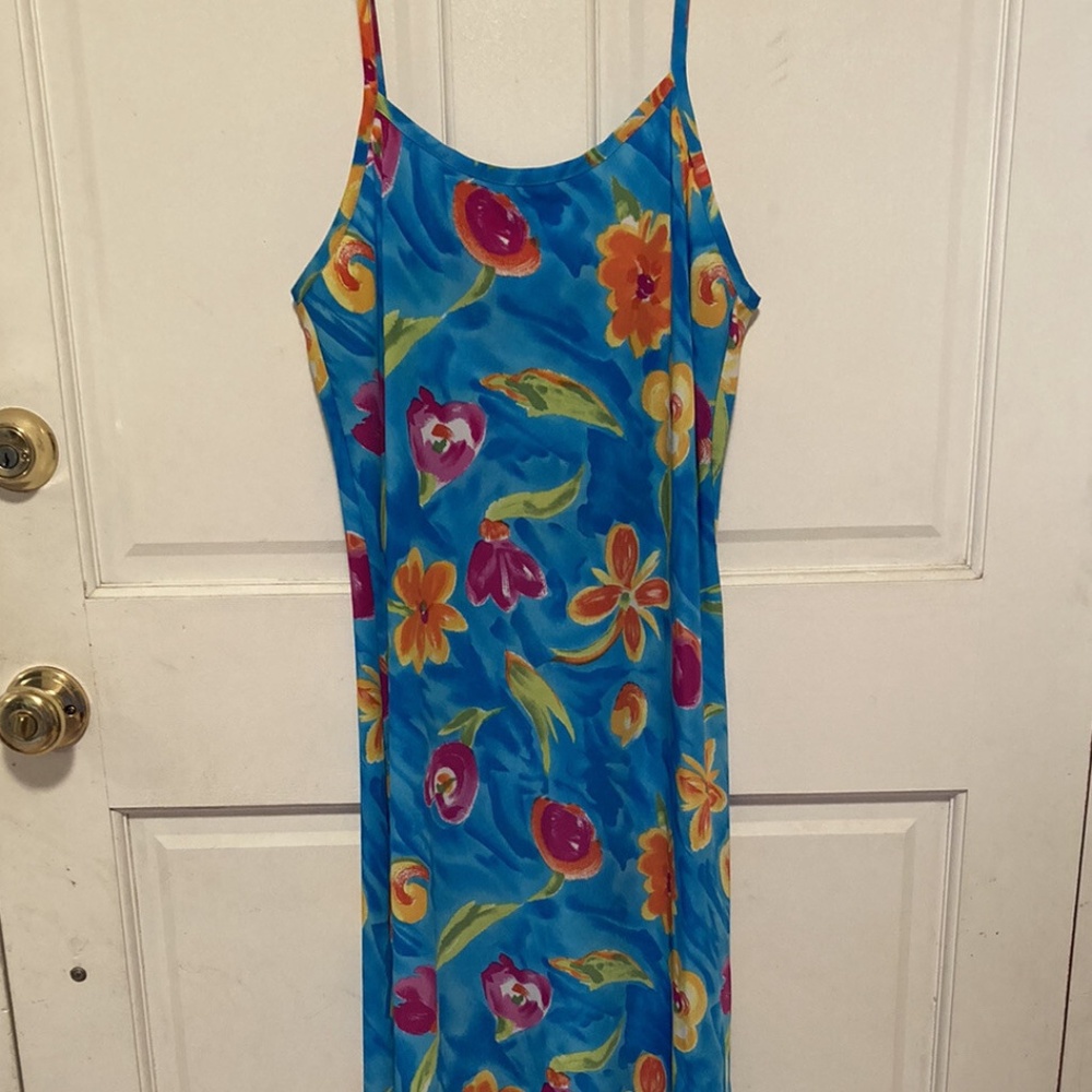 MEGHAN ELISSE Hawaiian Dress LONG floral blue/yellow/orange Vintage 1980s MED